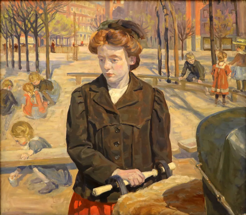 Forår. Ung pige med en barnevogn, by Peter Hansen, oil, 1910