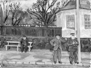 Havnefogeden, rebslageren og skipperen. "Najaden" krydser ind, by Peter Hansen, 1916