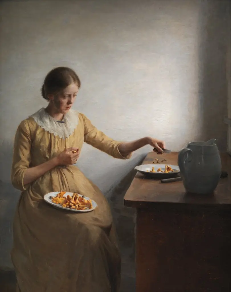 A Young Girl Preparing Chantarelles, by Peter Ilsted