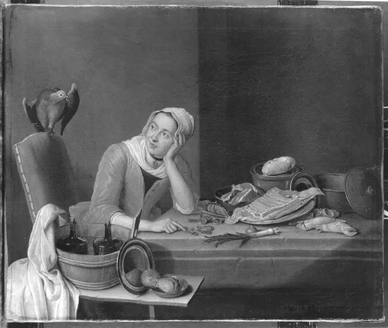 Küchenstillleben mit geldzählender weiblicher Figur und Papagei, by Peter Jacob Horemans, unspecified, 1760