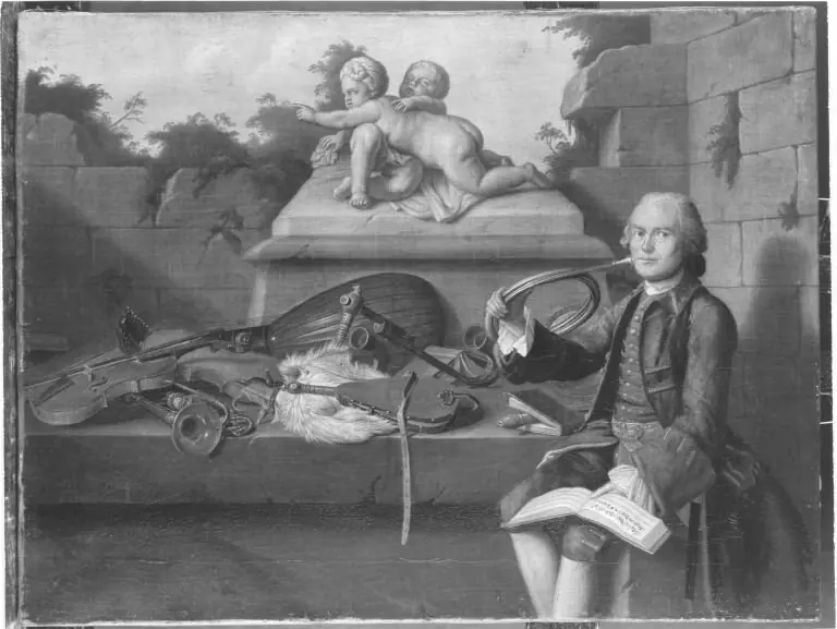 Musikstillleben mit Waldhornist, by Peter Jacob Horemans