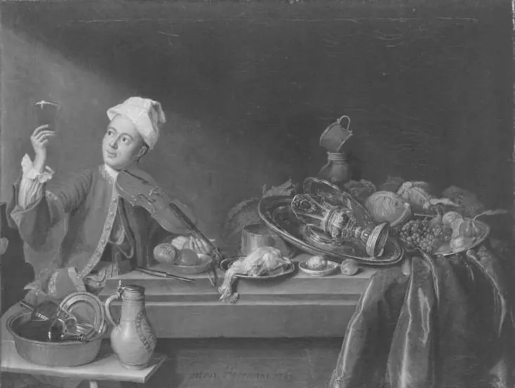 Stillleben mit Geigenspieler, by Peter Jacob Horemans