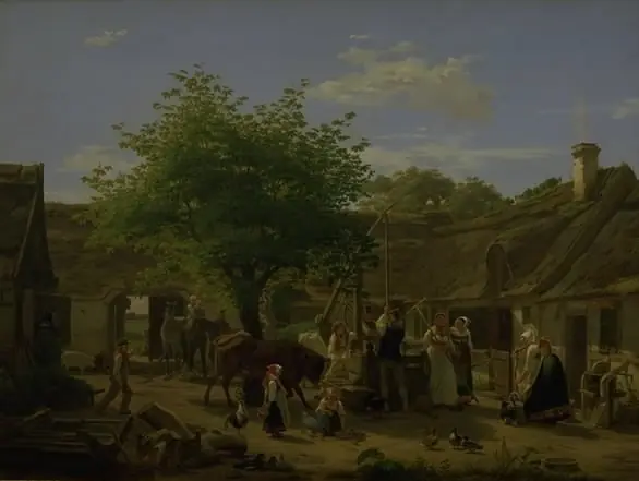 Billede af livet i en sjællandsk bondegård ved middagstid, by Peter Julius Larsen