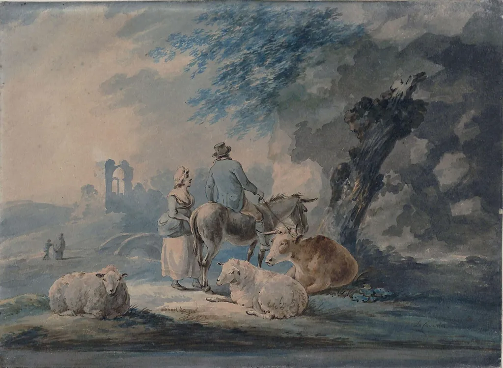 Landscape with figures, sheep, and a cow, by Peter La Cave, watercolor, 1801