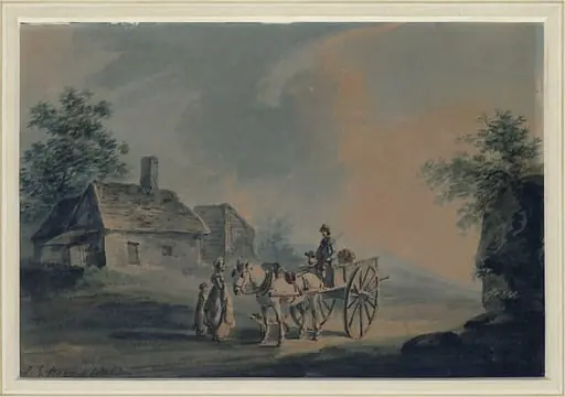 Cottage with cart and figures, by Peter le Cave