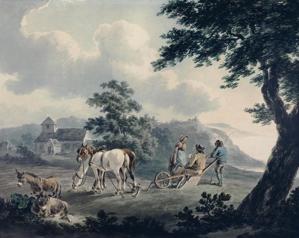 Landscape with Horses at Plough, and Figures, by Peter Le Cave, watercolor, 1806