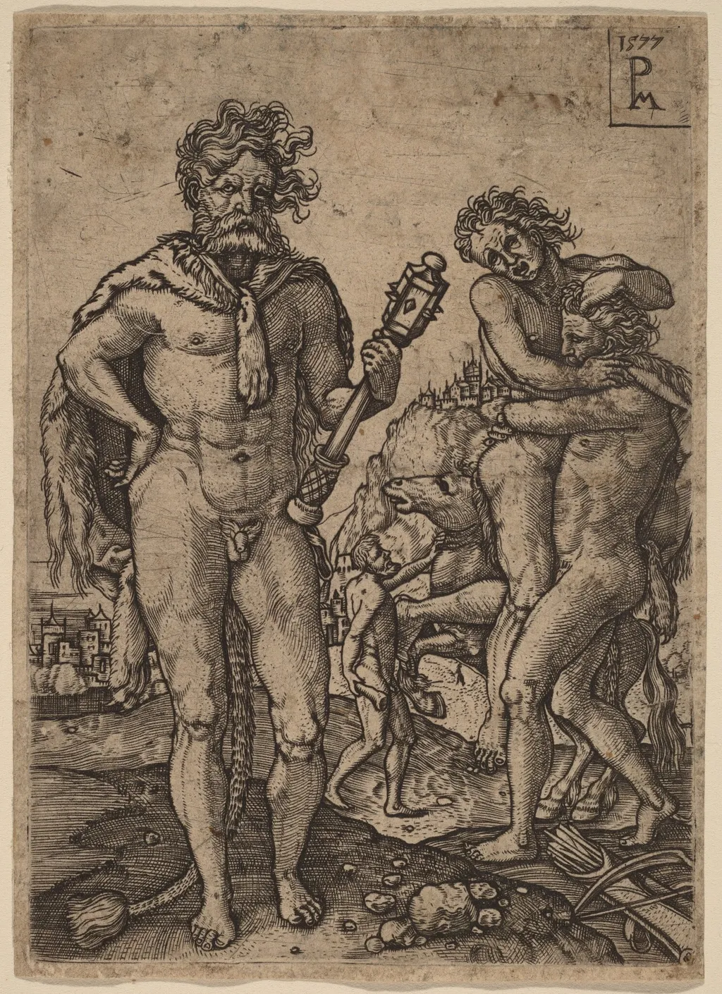 Hercules and Antaeus, by Peter Maes, ink, 1577