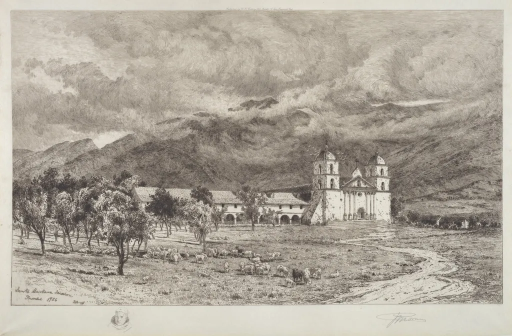Santa Barbara Mission, by Peter Moran, ink, 1886