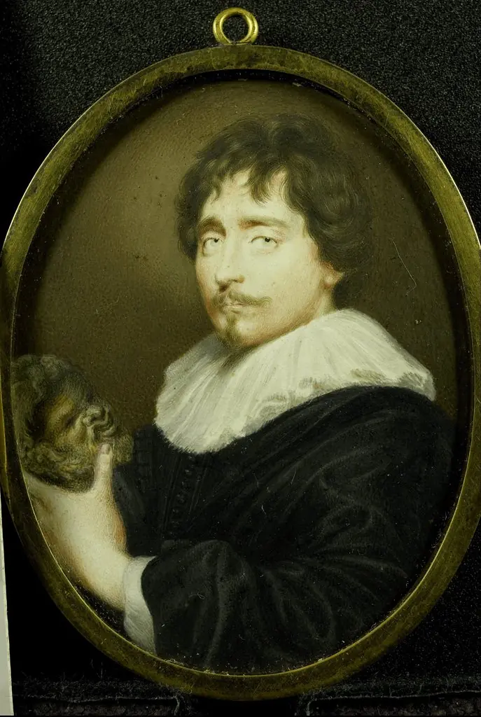 Portrait of a man with a sculpture of a head of Silenus in his hand, by Peter Oliver