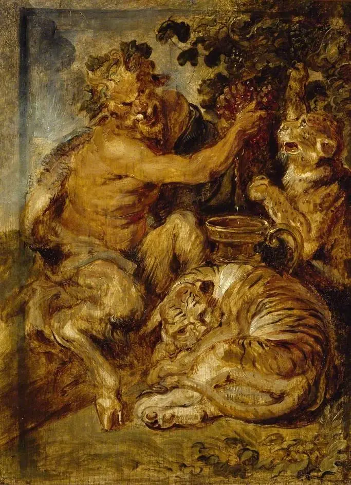 A Satyr pressing Grapes with a Tiger and Leopard, by Peter Paul Rubens