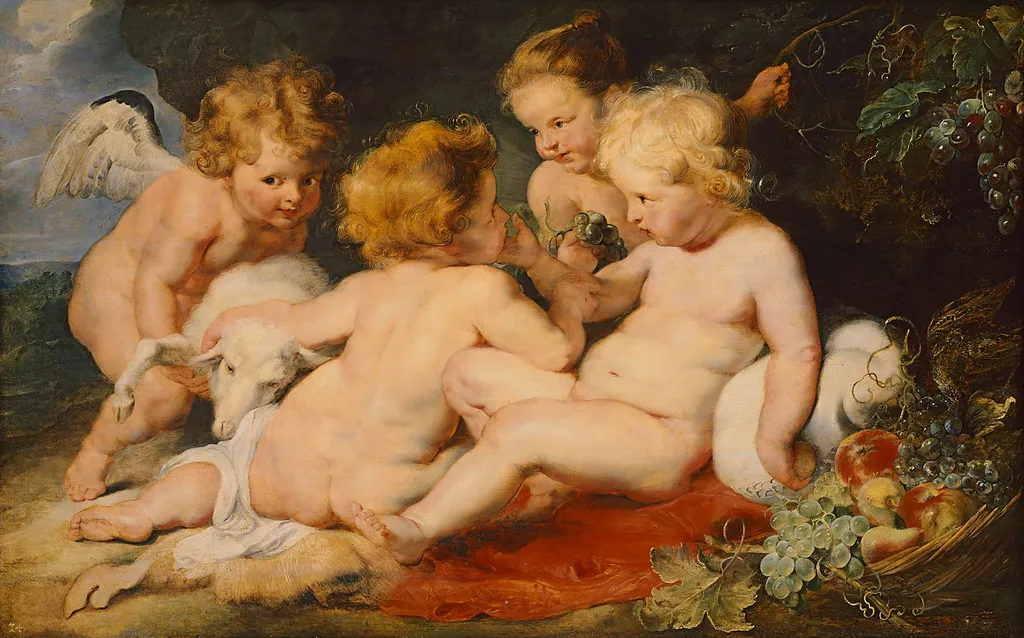 Christ and John the Baptist as children and two angels, by Peter Paul Rubens, oil, 1617
