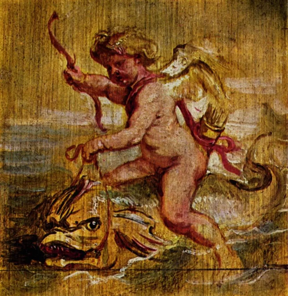 Cupid on a dolphin, by Peter Paul Rubens, oil, 1636