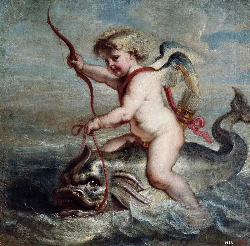 Cupid on a dolphin, by Peter Paul Rubens, oil, 1637