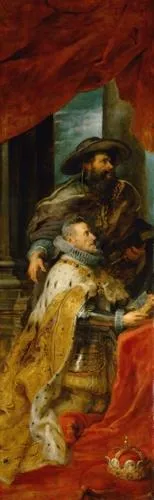 Ildefonso Altarpiece left panel (Archduke Albert with his patron saint Albert of Louvain), by Peter Paul Rubens, oil, 1632