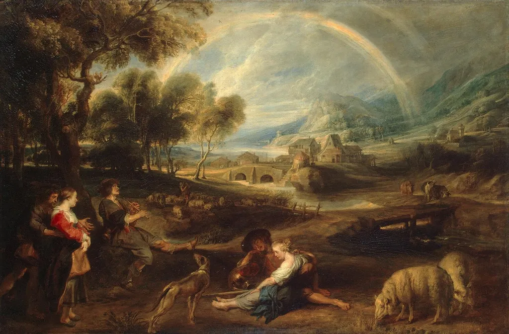 Landscape with a Rainbow, by Peter Paul Rubens, oil, 1632