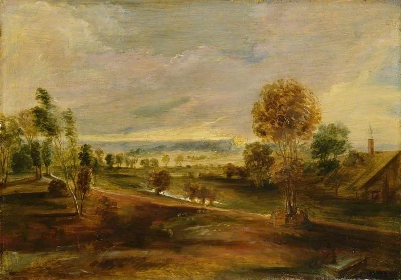 Landscape with Farm Buildings at Sunset, by Peter Paul Rubens, oil, 1620