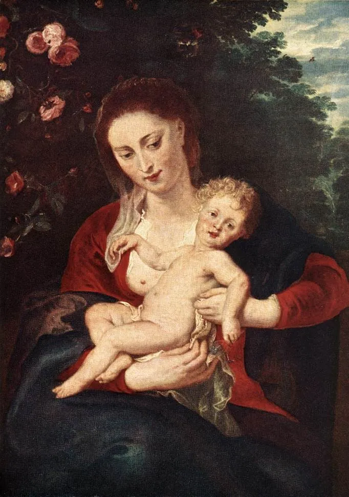 Madonna and Child with Periwinkle, by Peter Paul Rubens, oil, 1620