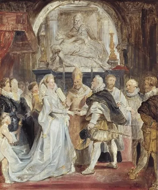 Marriage of Henry IV and Maria de' Medici, by Peter Paul Rubens, oil, 1622