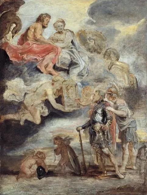 Minerva presents the portrait of Maria de' Medici to King Henry IV of France (sketch), by Peter Paul Rubens, oil, 1622