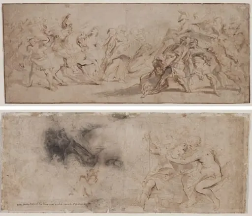 Reconciliation of the Romans and the Sabines (recto) Venus Disarming Mars, Drapery Study (verso), by Peter Paul Rubens