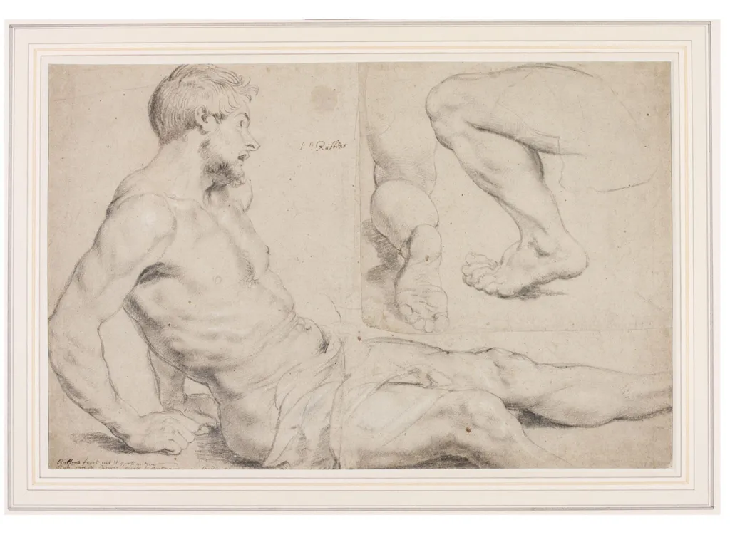 Study of the Man Raised from the Dead and Two Studies of Legs in a Kneeling Position, for figures in "Miracles of St Francis Xavier", by Peter Paul Rubens, 1618