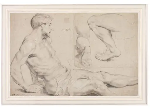 Study of the Man Raised from the Dead and Two Studies of Legs in a Kneeling Position, for figures in "Miracles of St Francis Xavier"