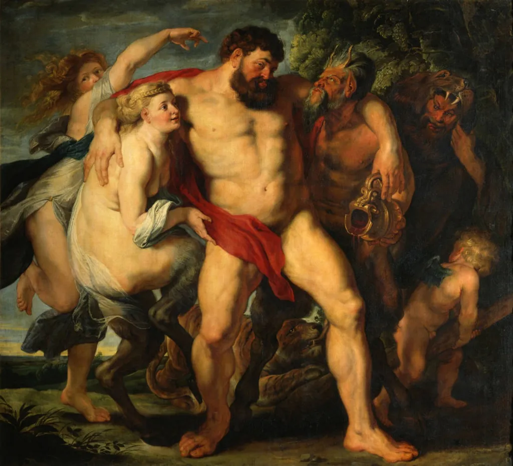 The Drunken Hercules being Led by a Satyr Couple, by Peter Paul Rubens, oil, 1615