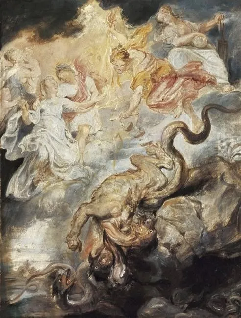 The final reconciliation between Maria de' Medici and her son, Louis XIII of France (sketch), by Peter Paul Rubens, oil, 1622