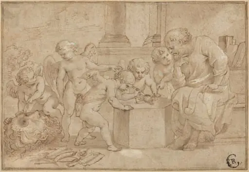Elderly Man Watching Putti Dissect an Eye, by Peter Paul, Sir Rubens