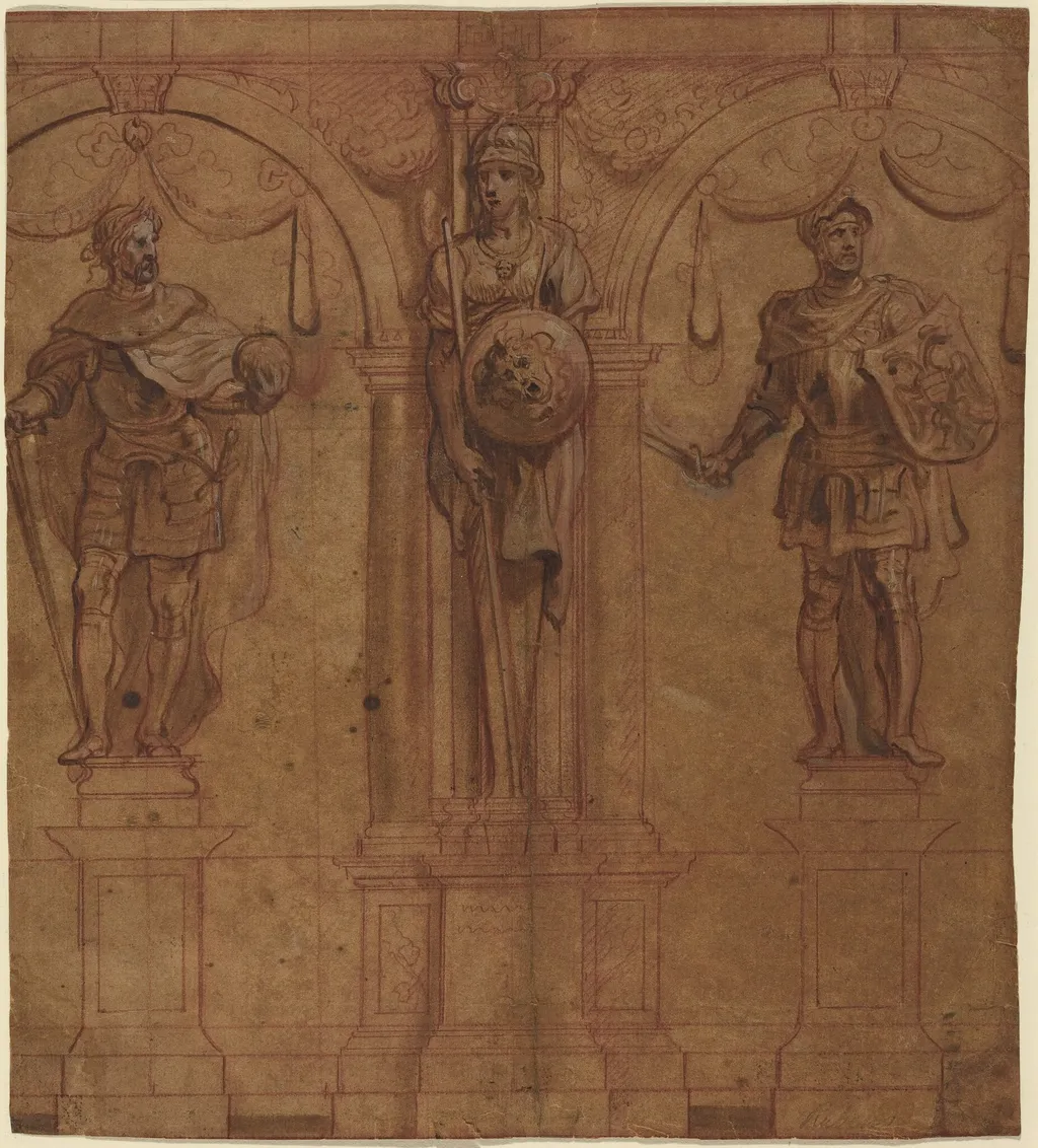 Rudolf I and Albert I with Pallas, by Peter Paul, Sir Rubens, ink, 1635