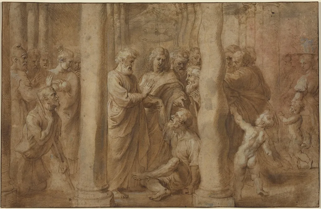 The Miracle of the Lame Man Healed by Saint Peter and Saint John, by Peter Paul, Sir Rubens, ink, 1607