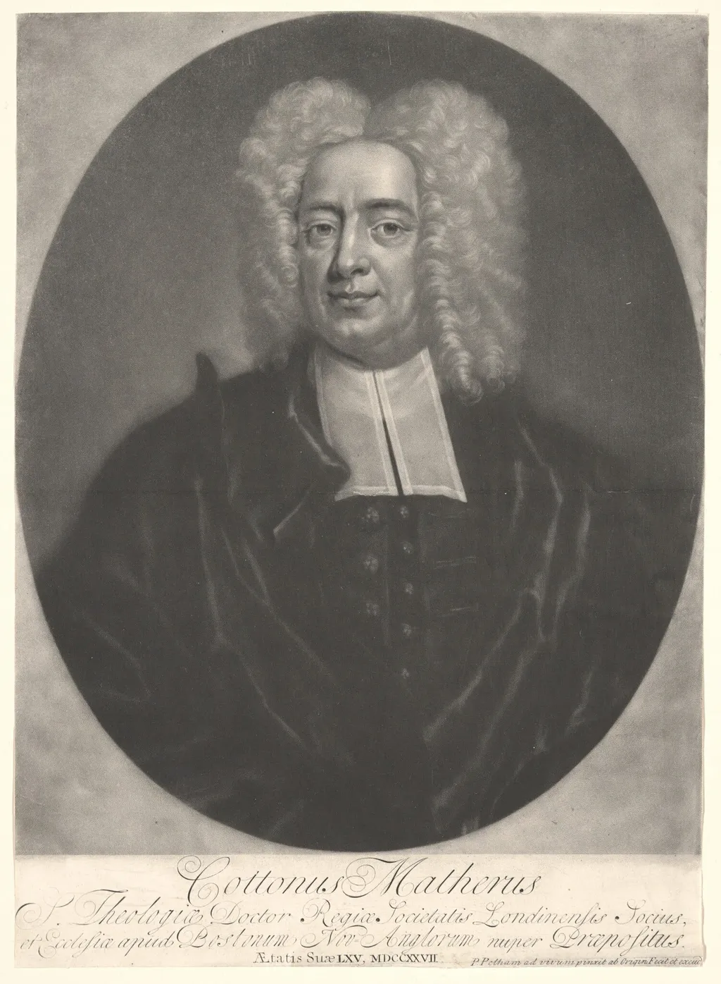 Cotton Mather, by Peter Pelham, ink, 1727