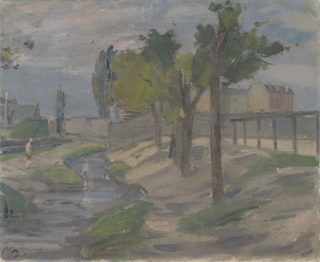 Boys Paddling in the Ladegårds Stream (?).Gables In the Background, by Peter Rostrup Bøyesen