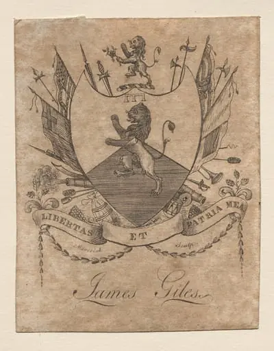 Bookplate: Coat of Arms with James Giles inscribed below, by Peter Rushton Maverick