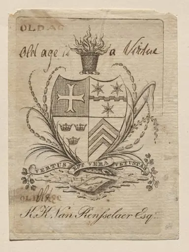Bookplate:  Coat of Arms with K. K. Van Rensselaer, Esq. inscribed below, by Peter Rushton Maverick