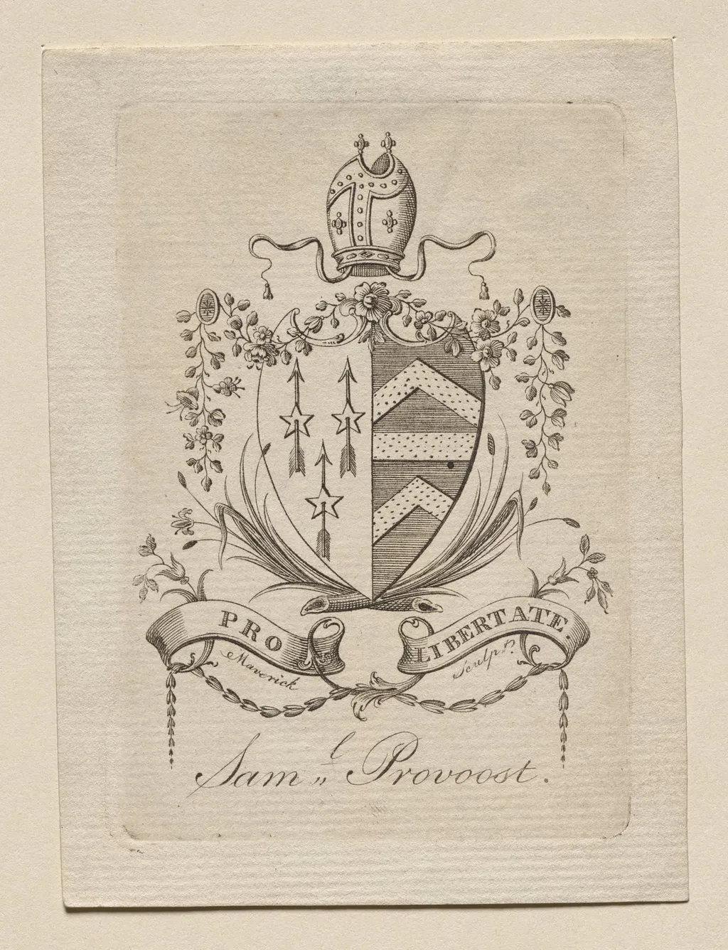 Bookplate: Coat of Arms with Sam'l Provoost inscribed below, by Peter Rushton Maverick, 1793
