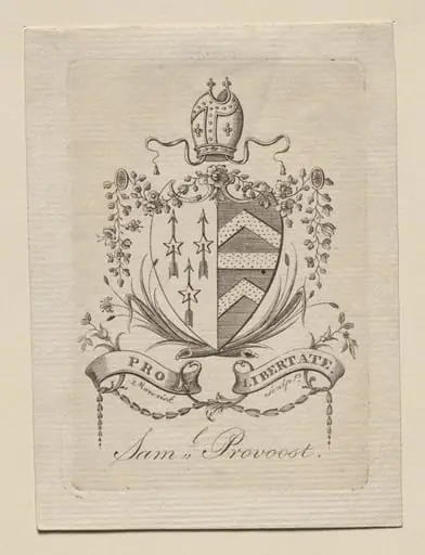 Bookplate: Coat of Arms with Sam'l Provoost inscribed below, by Peter Rushton Maverick