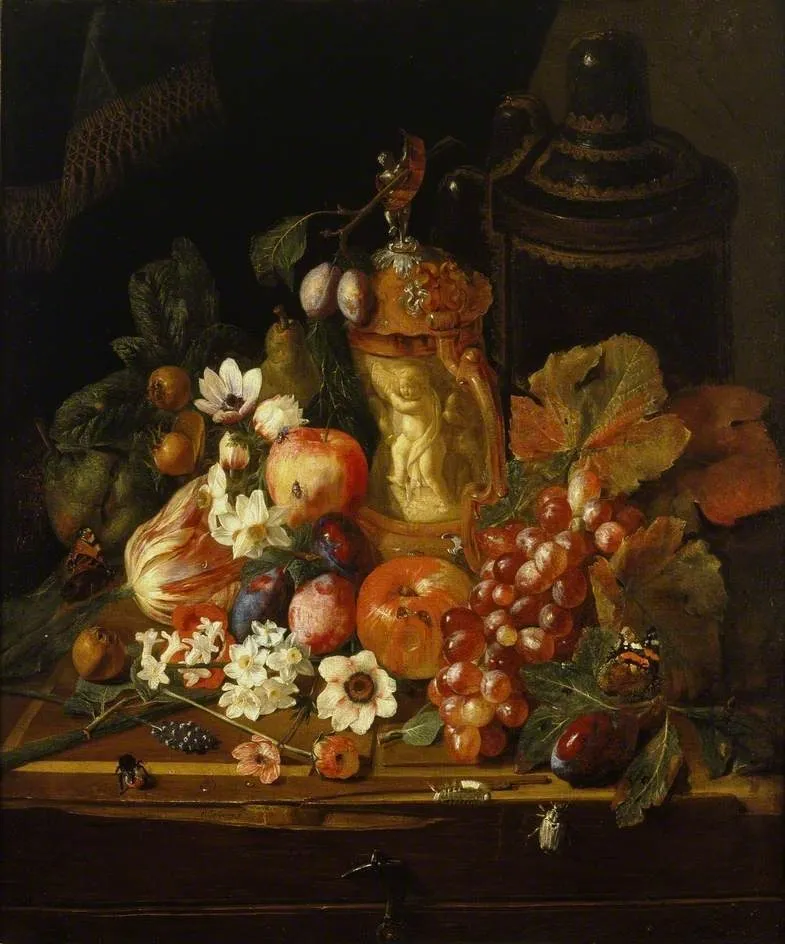 Still Life with Fruit and Flowers, by Peter Snayers, oil, 1642