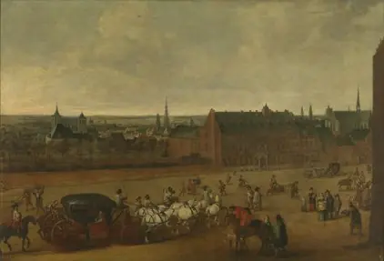 The Count de Bournonville in his carriage in front of his residence in Brussels, by Peter Snayers