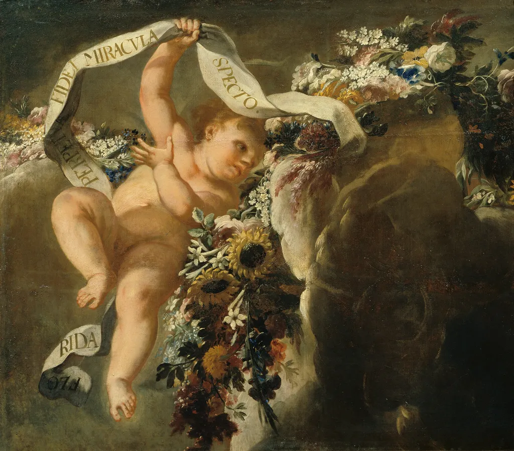 Putto mit Blumengewinde und Spruchband, by Peter Strudel, oil, 1700
