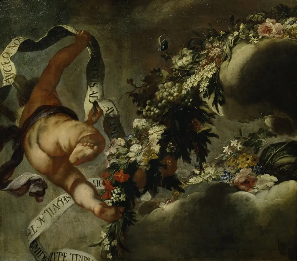 Putto mit Blumengewinde und Spruchband, by Peter Strudel