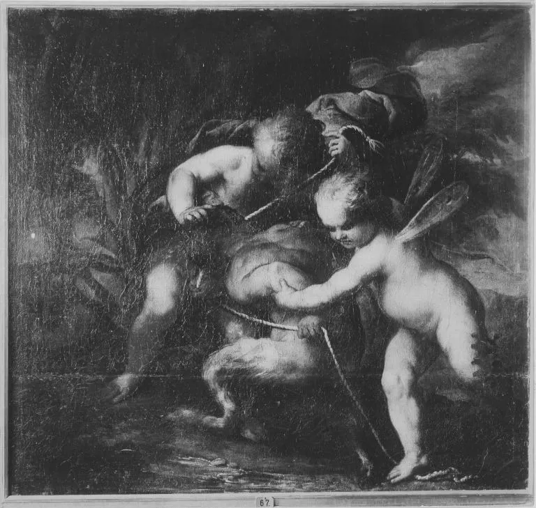 Zwei Eroten fesseln einen jungen Satyr, by Peter Strudel, unspecified, 1708