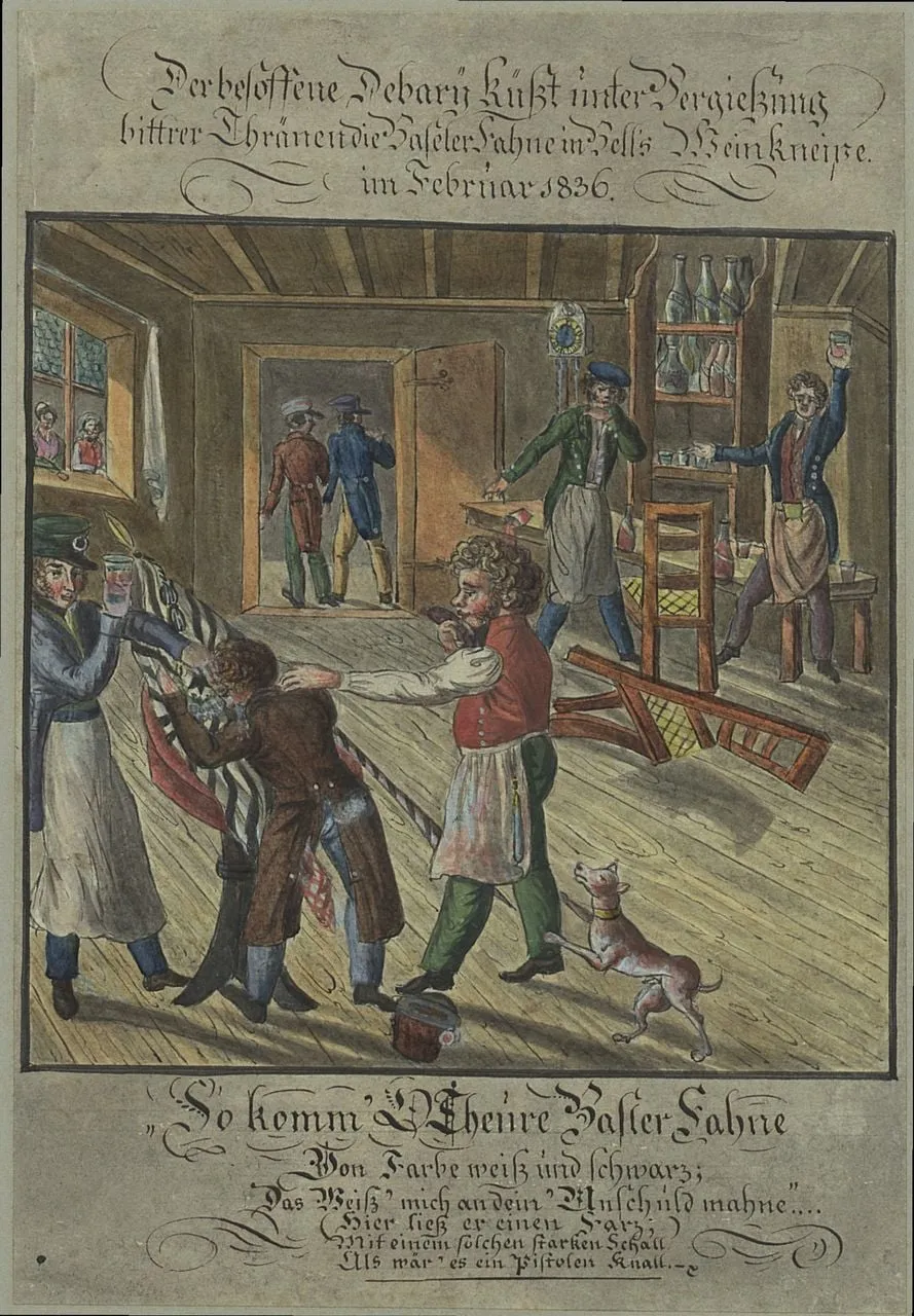 Toussaint, Peter - Malerei, Der besoffene Debary küsst unter Vergiessung bittrer Thränen die Baseler Fahne in Bells Weinkneipe im Februar 1836., by Peter Toussaint, 1836