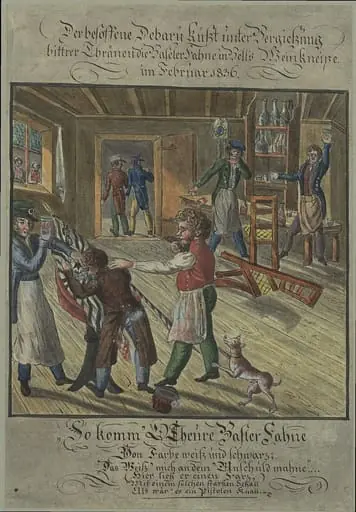 Toussaint, Peter - Malerei, Der besoffene Debary küsst unter Vergiessung bittrer Thränen die Baseler Fahne in Bells Weinkneipe im Februar 1836., by Peter Toussaint