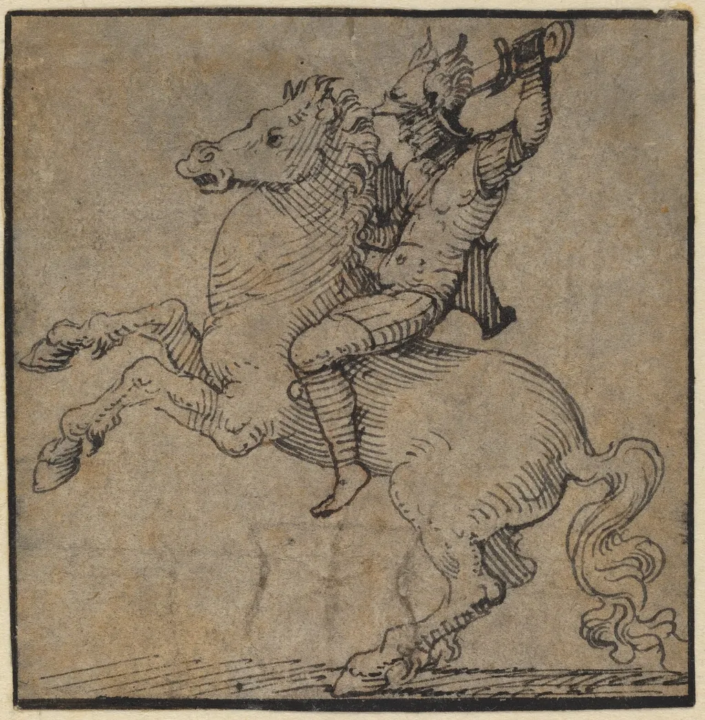 Warrior in Renaissance Armor on a Rearing Horse, by Peter Vischer the Younger, ink, 1535