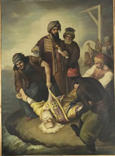 Το σώμα του Πατριάρχη Κωνσταντινουπόλεως Γρηγορίου Ε΄ ρίπτεται στο Κεράτιο κόλπο