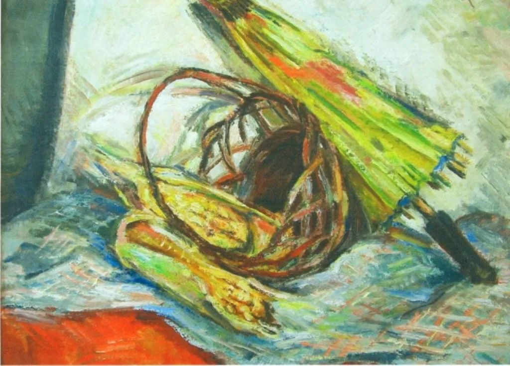 Natură statică cu umbrelă și porumb, by Petre Iorgulescu-Yor, unspecified, 1924