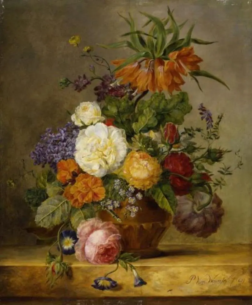 An urn of flowers, by Petronella van Woensel