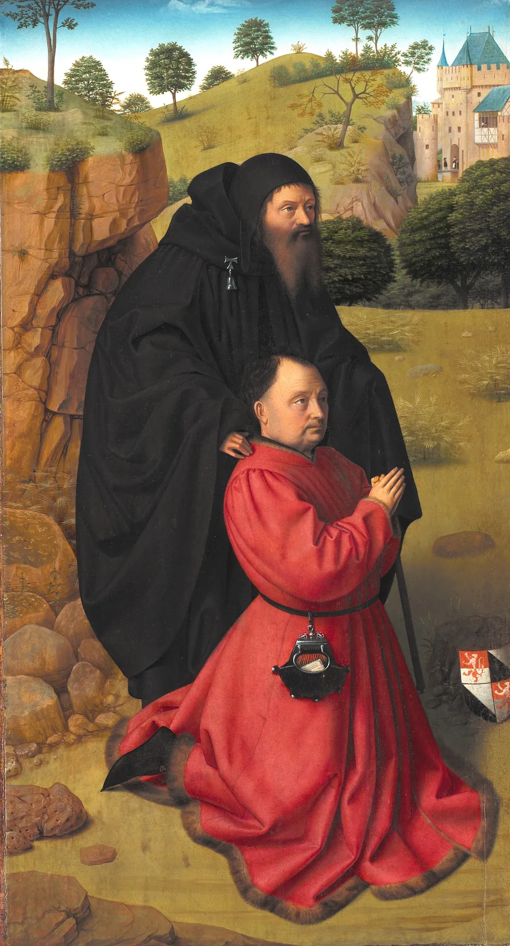 Altar Panel with a Portrait of a Donor in Scarlet under the Protection of St Anthony, by Petrus Christus, oil, 1450