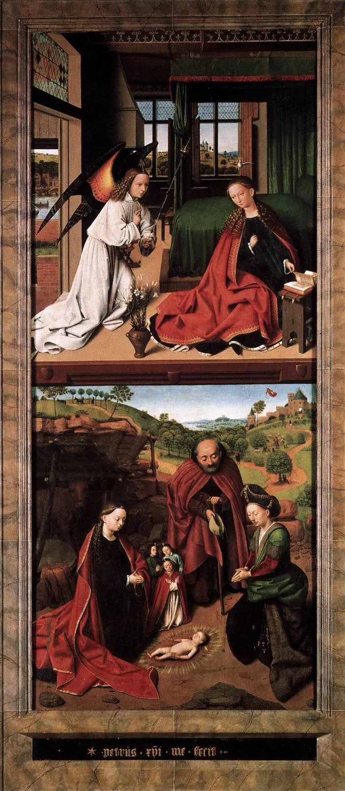 The adoration of the Christ Child; in the background the annunciation to the shepherds, by Petrus Christus, paint, 1452